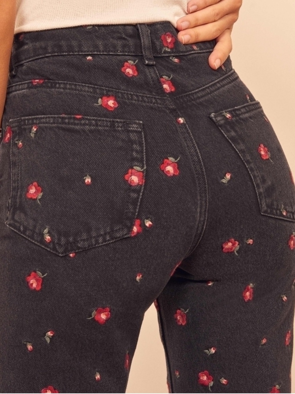 Reformation Black High-Rise Jeans with Red Floral Embroidery